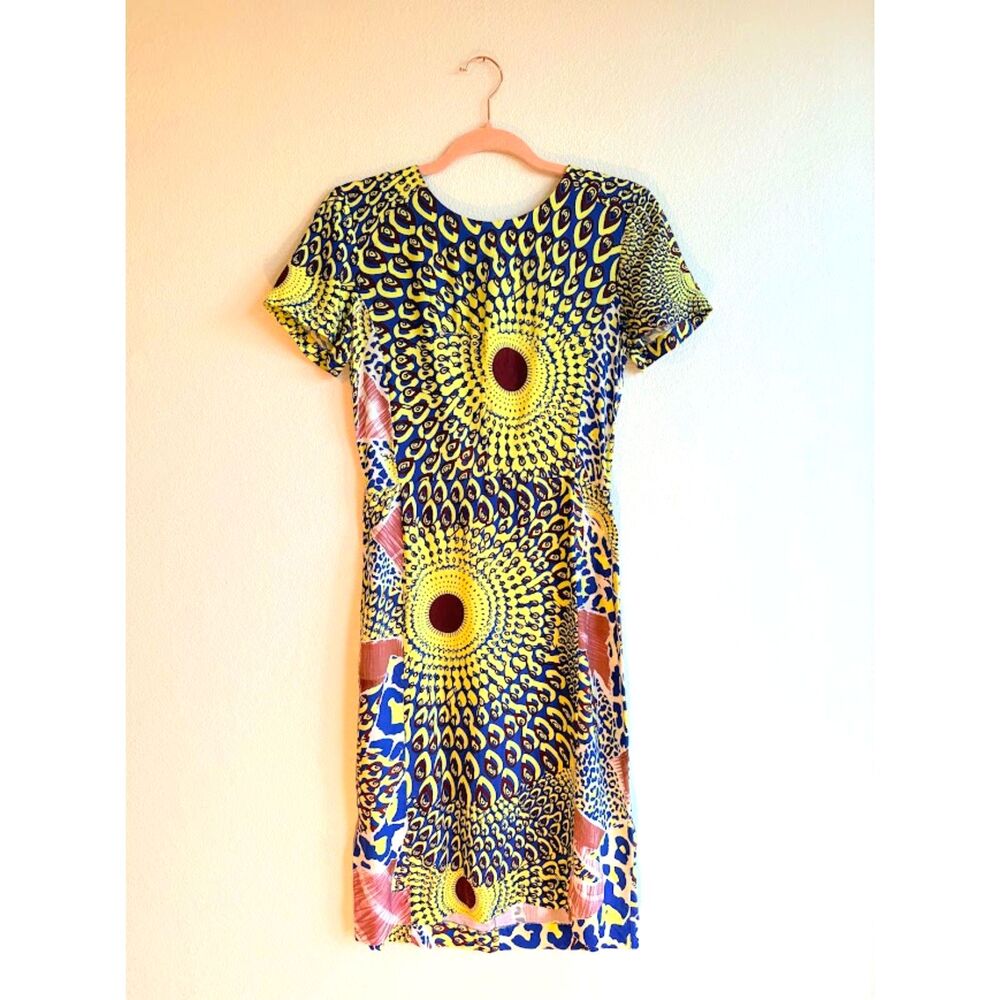 Antik Batik Arly Short Sleeve Pencil Dress in Yellow Blue & Brown Print size 40M